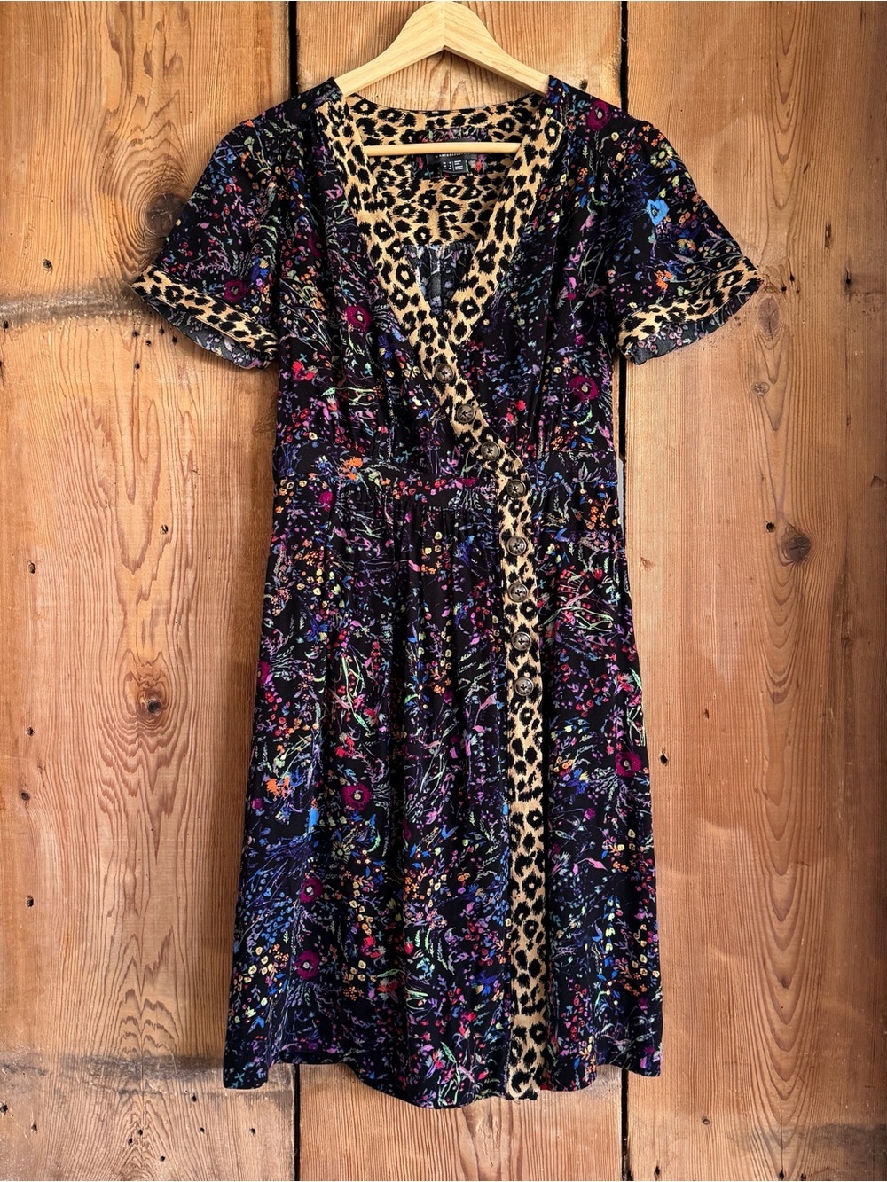 Sz 4 Maeve Anthropologie Morgan Leopard Floral Print Faux Wrap Midi Dress EUC